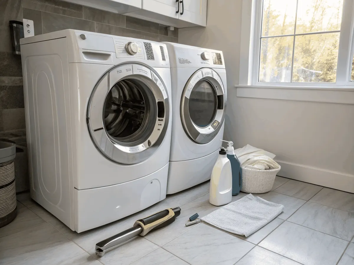Refurbished front-load washer and dryer pair installed in a bright laundry room
